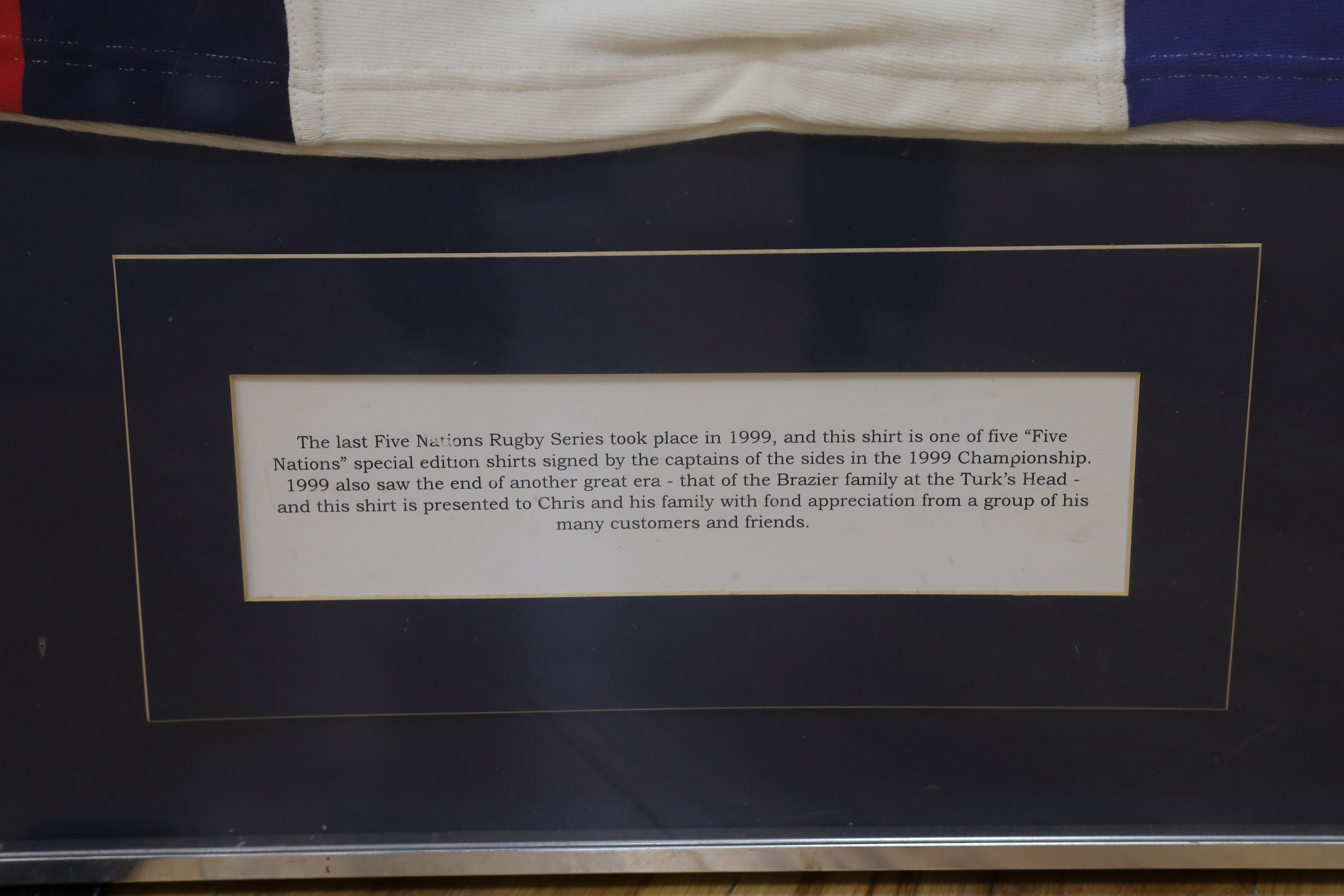 A framed 1999 Five Nations special edition signed rugby shirt, 82cm wide x 103cm high, including frame